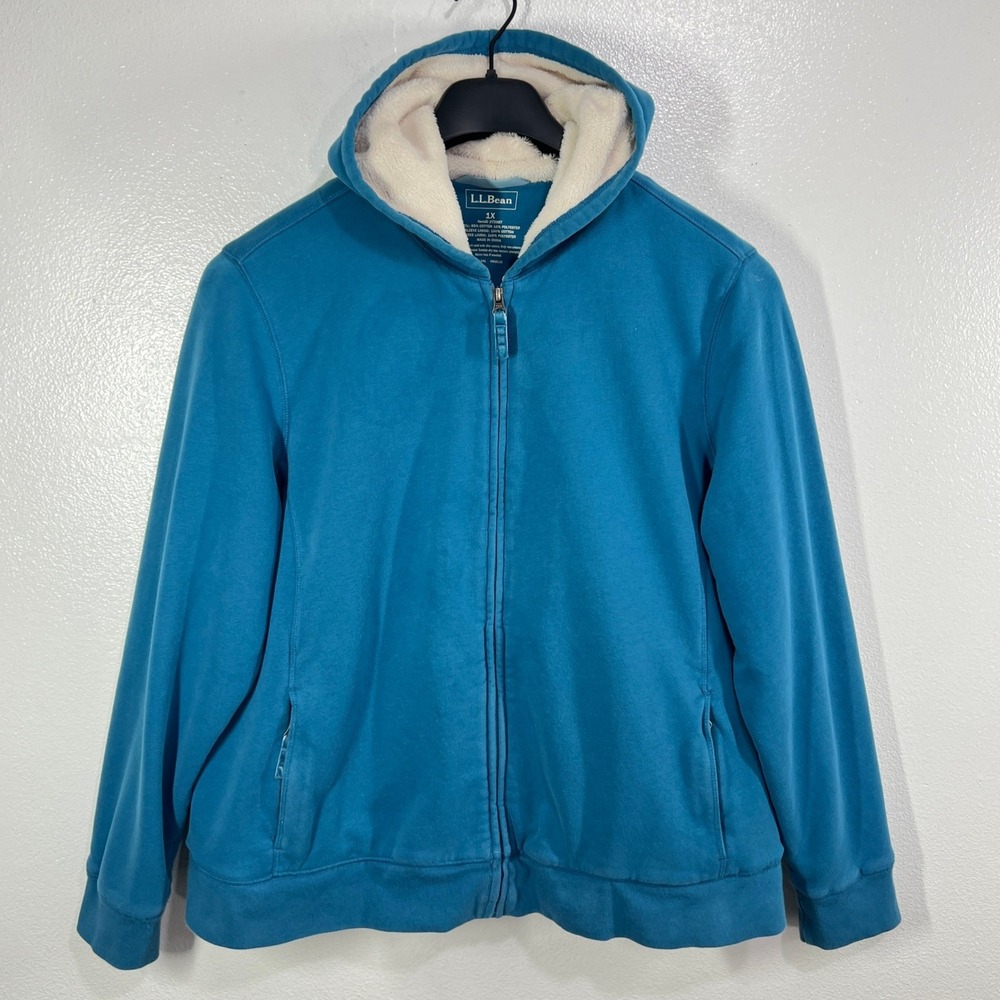 L.L.Bean 1912 Sherpa Lined Hoodie Full Zip Sweatshirt Women's 1X Teal Blue Cozy